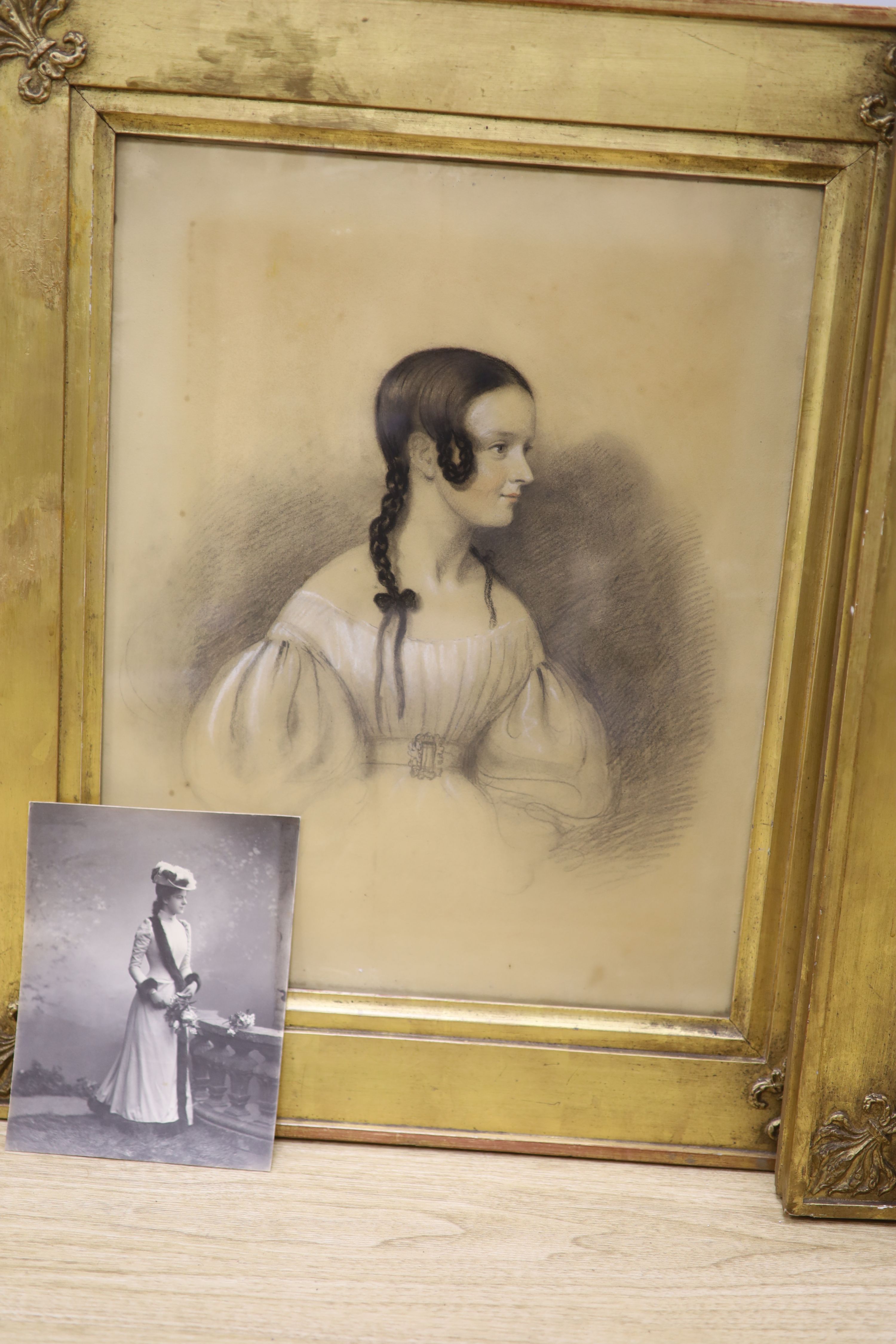 Victorian School, pair of charcoal and chalk, Portraits of Martha Gillet (1798-1882), 48 x 38cm, the other her daughter Florence Gillett (1873-1957)